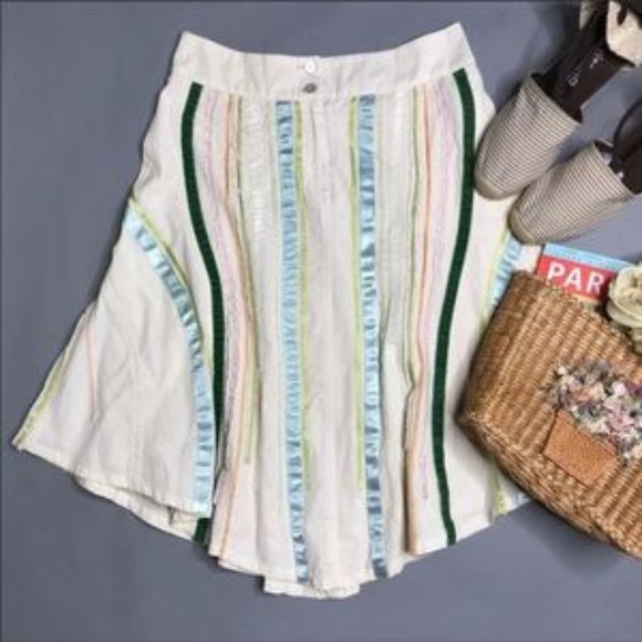ANTHRO-OILILY-Cream & Colorful Pastel Ribbon A-Line Flowing Skirt Size Large - Picture 1 of 14